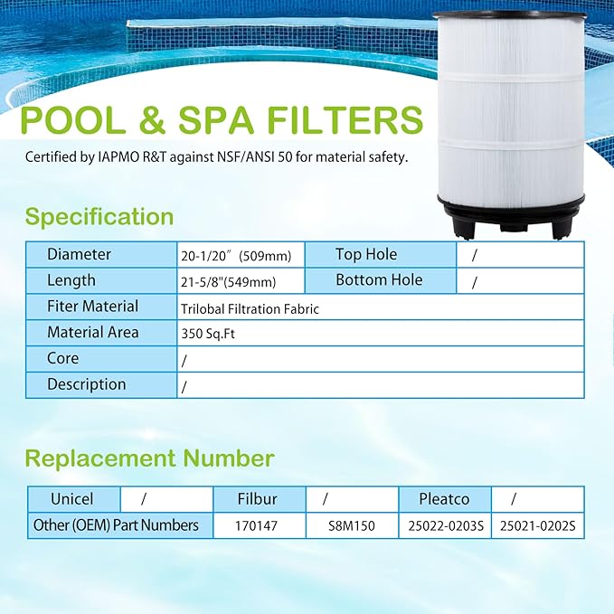 Savener® S8M150 System 3 Inner and Outer Cartridge, Replacement for Sta-Rite System 3 S8M150, 170147, 25022-0203s-25021-0202s, SR450 Swimming Pool Filter Cartridge, 450 Sq. Ft