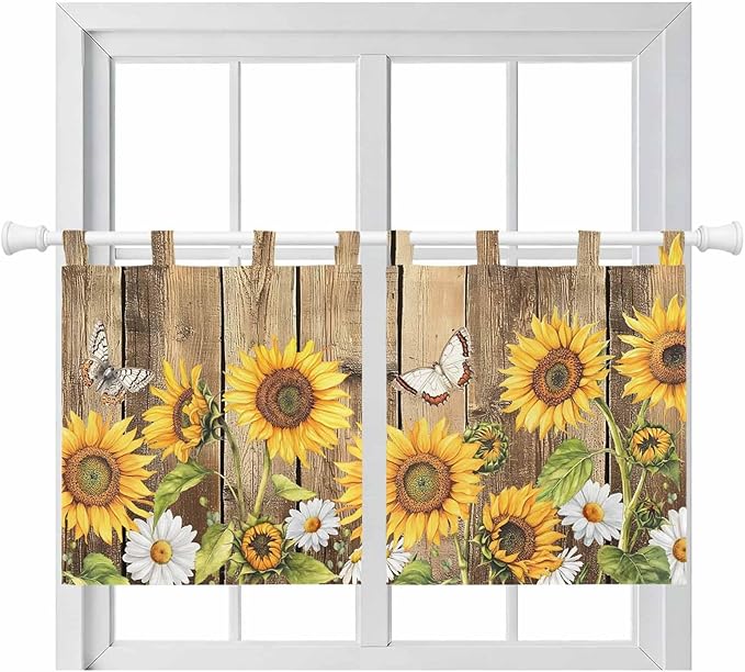 Farmhouse Sunflowers Kitchen Curtains 36 Inch Length, Small Window Curtains Tab Top, Rustic Floral Buttterfly Wood Board Brown Light Filtering Short Window Treatments Tier Drapes 27.5"x36" 2 Panel