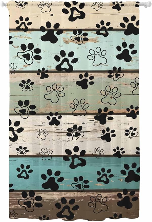 Sheer Curtains 84 Inches Long, Sage Green Brown Paw Prints Semi Sheer Curtains Light Filtering Window Treatment, Vintage Farmhouse Wooden Grain Privacy Voile Drapes for Living Room Bedroom 52x84 Inch