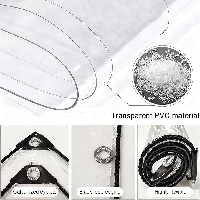 Transparent Tarpaulin Side Panels, Outdoor Clear Tarp Curtains with Zipper Door, Curtain Patio Enclosure for Pergola Porch Carport Canopies(6x6m)