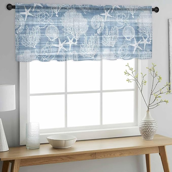 Haze Blue Retro Summer Sheer Valance Curtains, Sea Turtle Starfish Coral Ocean Light Filtering Kitchen Valances Rod Pocket Voile Curtain Window Treatment for Bedroom/Living Room/Basement 60Wx18L