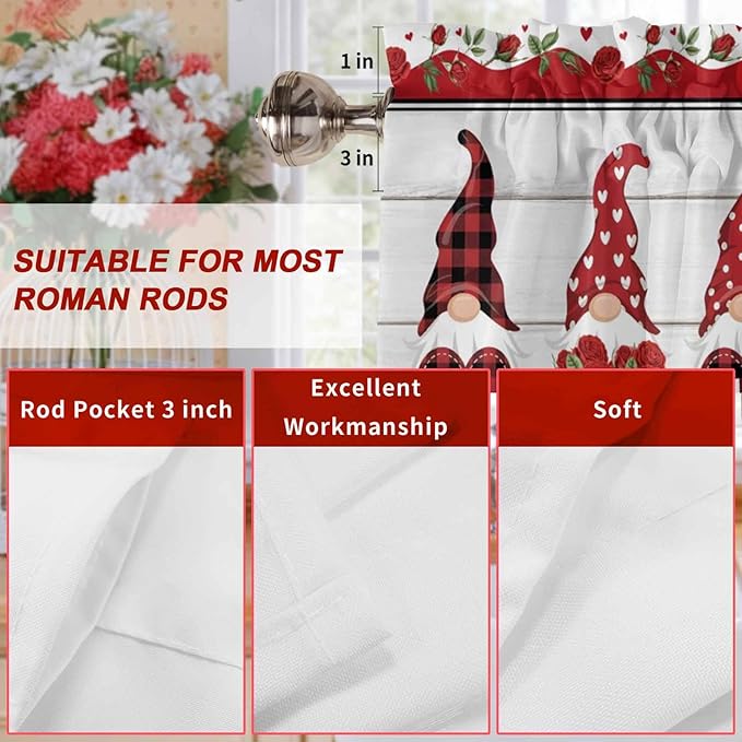 I Love U Valance Curtains for Kitchen, Valentine's Day Dwarf Romantic Wood Grain Privacy Rod Pocket Valance Curtain, Light-Filtering Window Treatment for Bedroom Bathroom, 42"x18"