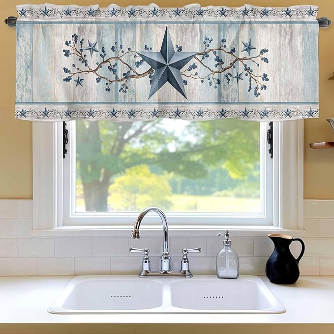 Blue Texas Star Valances for Windows, Vintage Star Berry Blue Beige Wood Grain Kitchen Valance Light Filtering Rod Pocket Short Curtains for Kitchen Bathroom, 1 Panel, 60"x14"