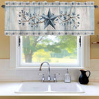 Blue Texas Star Valances for Windows, Vintage Star Berry Blue Beige Wood Grain Kitchen Valance Light Filtering Rod Pocket Short Curtains for Kitchen Bathroom, 1 Panel, 42"x12"
