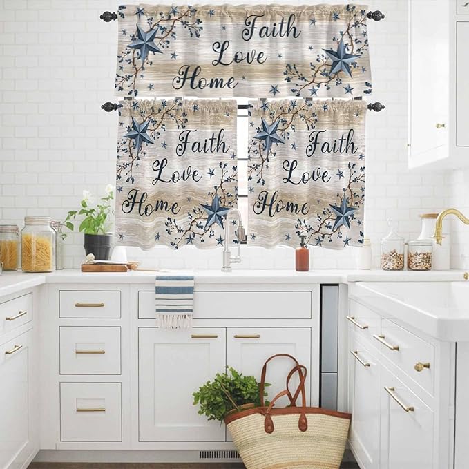 Kitchen Curtains Tiers and Valance Set of 3, Vintage Country Light Filtering Window Curtain Set, Blue Rustic Texas Star Vines Wooden Grain Rod Pocket Curtain Drapes for Living Room, 24 Inches Tiers