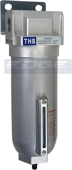 HEAVY DUTY INDUSTRIAL RATED HIGH FLOW PARTICULATE FILTER, IN-LINE WATER TRAP FOR COMPRESSED AIR LINE SYSTEMS, 5 MICRON WITH METAL BOWL AND AUTO DRAIN (1" NPT, 11oz)