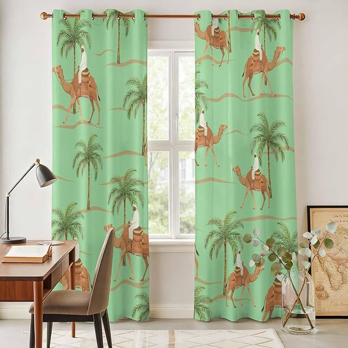 2 Panel Kitchen Cafe Curtains, Desert Camels Sunlight Filtering Nature Air Through, Home Decor Window Covering Tier Curtains for Living Room 104W x 90L inch Tropical Date Palm Trees Animal Green