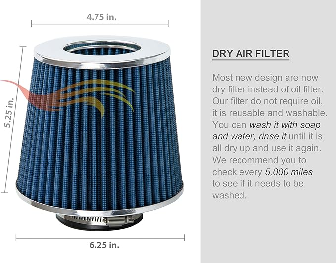 BLUE 6" 152 mm Inlet Short Truck Air Cone Replacement Performance Washable Clamp-On Dry Air Filter (6" Tall)