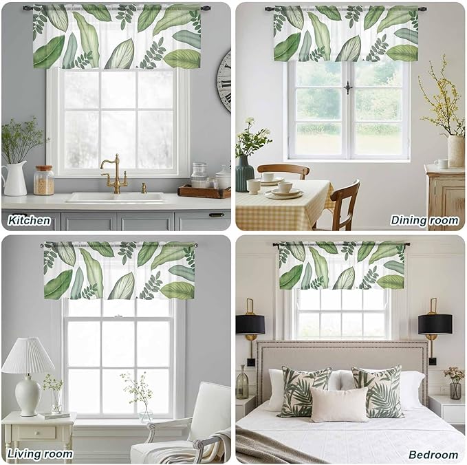 Summer Palm Leaf Sheer Valance Curtains, Green Tropical Plants Nature Leaves Modern Light Filtering Kitchen Valances Rod Pocket Voile Curtain Window Treatment for Bedroom/Living Room/Basement 60Wx18L