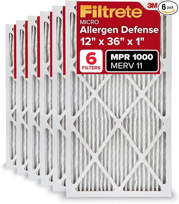 Filtrete 12x36x1 AC Furnace Air Filter, MERV 11, MPR 1000, Micro Allergen Defense, 3-Month Pleated 1-Inch Electrostatic Air Cleaning Filter, 6 Pack (Actual Size 11.69x35.69x0.81 in)