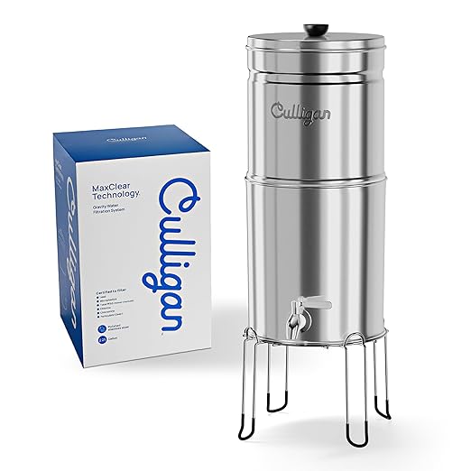 Culligan MaxClear 2.25 Gallon Gravity Water Filter System, Polished Stainless-Steel Countertop Water Filter NSF/ANSI Certified to Reduce Microplastics, Lead & Total PFAS, with 1 Ceramic Filter