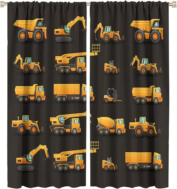 Kids Construction Window Curtains, Construction Machinery Equipment Mode of Transport Bulldozer Tractor Windows Curtain for Children Teens Room Decor 52x84in (30% Blackout)