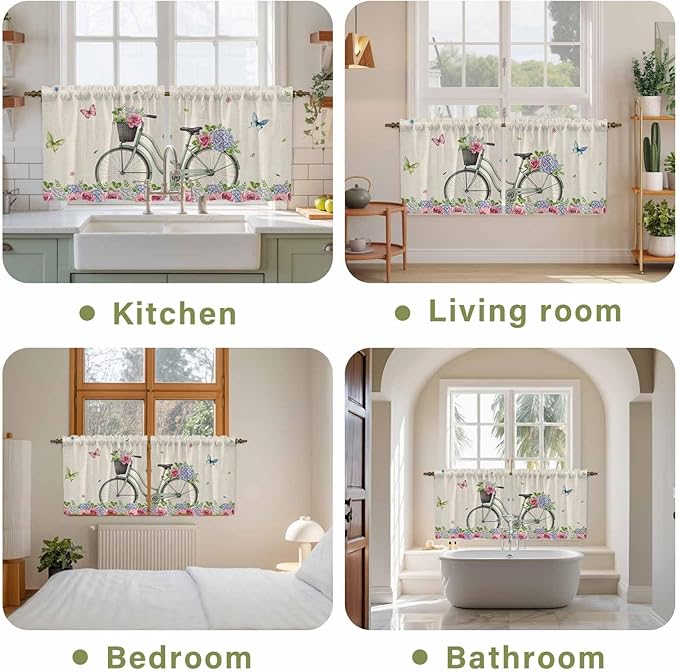 Farmhouse Spring Tier Curtains, Retro Bicycles Flowers Vines Butterfly Light Filtering Kitchen Curtains, 2Pcs Rod Pocket Half Window Treatments Panels for Sink Cafe Cabinet Camper 27.5x24 Inches