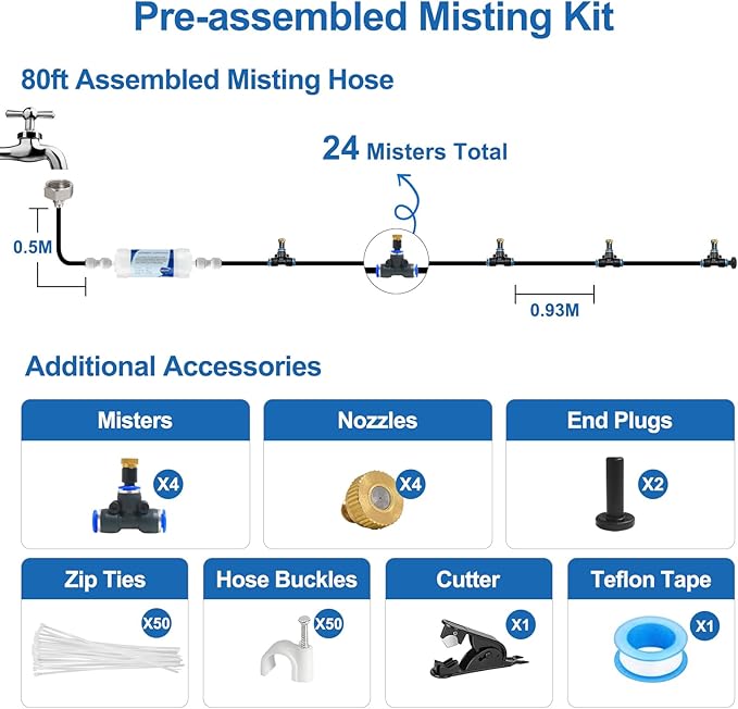 Pre-Assembled Misters for Outside Patio,80FT|24M.Outdoor Misting Cooling System w Filter, Backyard Mist Kit for Garden,Greenhouse,Deck,Umbrella,Canopy,Pool,Porch,Trampoline,ParkBBQ Party