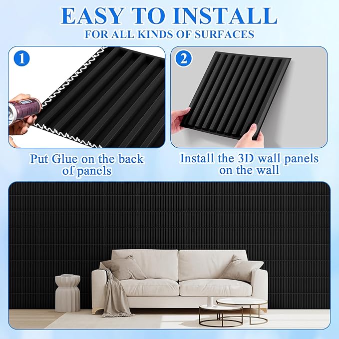 Nuanchu 120 Pcs 3D Slat Wall Panels 12 x 12 Inch PVC Fluted Textured Panel Cuttable Paintable DIY Wall Art Decorative Tiles for Ceiling Studio Bathroom Interior TV Background (Black)