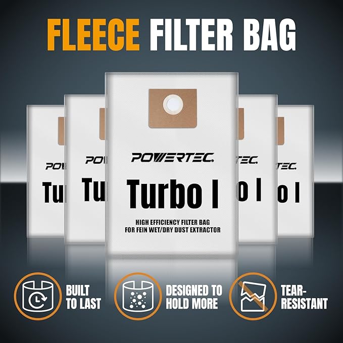 POWERTEC Turbo I, 9-20-27 Fleece Filter Bags 20PK, for Fein Dustex 25 L Wet/Dry Dust Extractor, for Fein 31345061010 Shop Vacuum Replacement Bags, Filter Bags, Dust Bags (75041-P4)