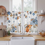 Navy Blue Pumpkin Fall Kitchen Curtains 54 Inch Long 2 Panel Set,Rod Pocket Window Curtains Panels,Thanksgiving Maple Leaves Branches Light Filtering Privacy Draperies for Bedroom Laundry 42"W x 54"L