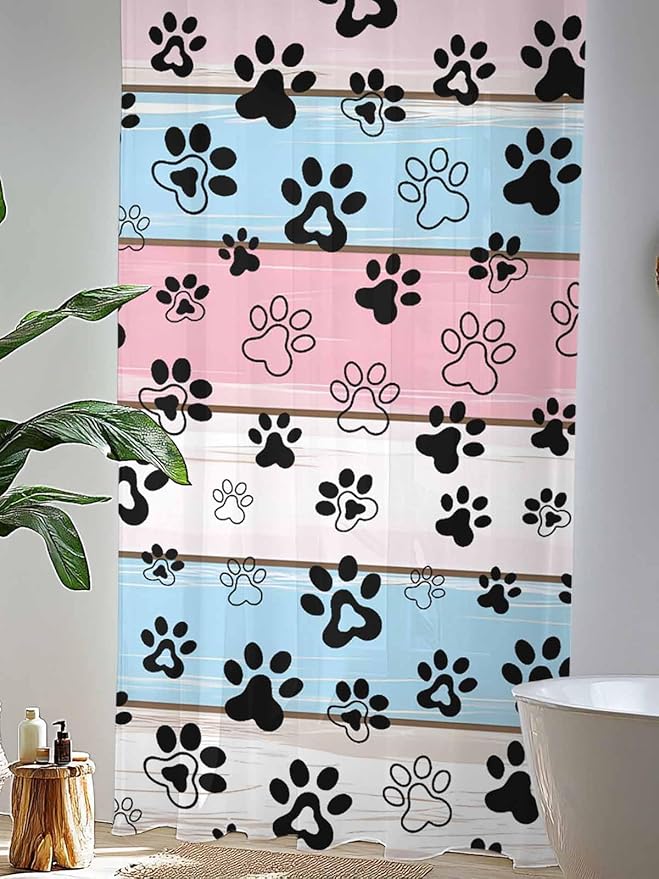 Sheer Curtains 96 Inches Long, Pink Blue Paw Print Semi Sheer Curtains Light Filtering Window Treatment, Vintage Farmhouse Wooden Grain Privacy Voile Drapes for Living Room Bedroom 52x96 Inch