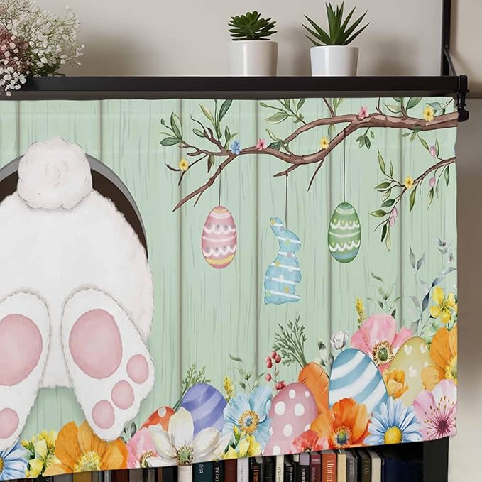 Easter Curtain Valances for Windows, Kitchen Valance Window Treatment, Spring Watercolor Bunny Eggs Wooden Grain Green Light Filtering Block Curtains for Bathroom/Bedroom/Living Room 42'' x 12''
