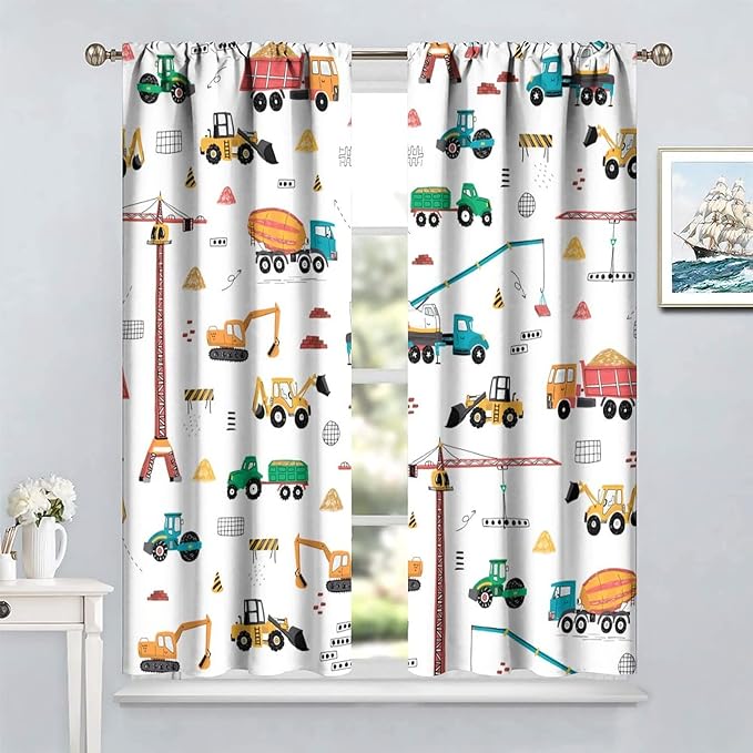 Construction Window Curtains, Kids Cartoon Construction Machines Building Hand Drawn Doodle Rod Pocket Decorative Windows Curtain for Children Teens Room Decor 63x72in (30% Blackout)