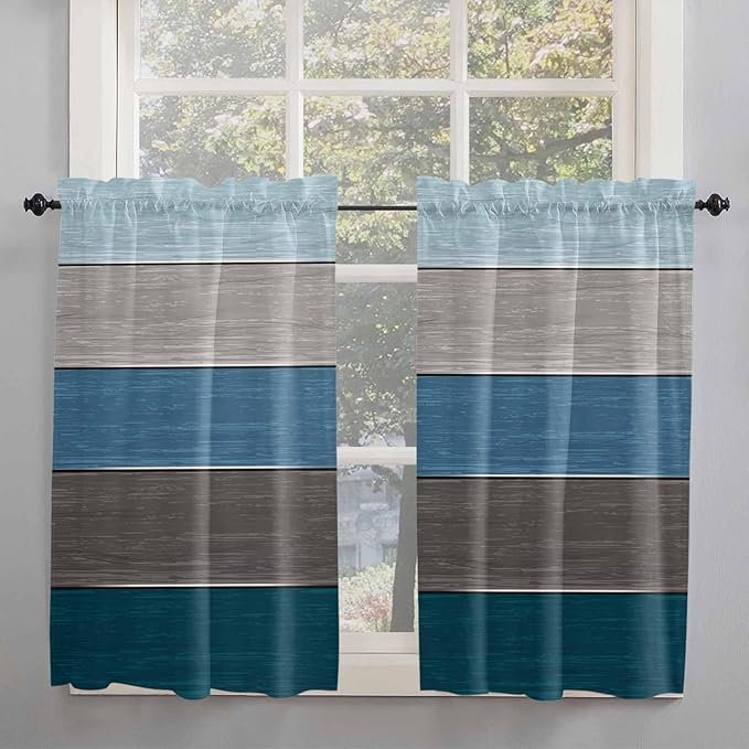 Retro Farm Blue Gray Wood Grain Window Valance Curtains, Rustic Wooden Plank Light Filtering Kitchen Valance with 3-inch Rod Pocket for Living Room Bathroom Bedroom,2 Panel,42x54In