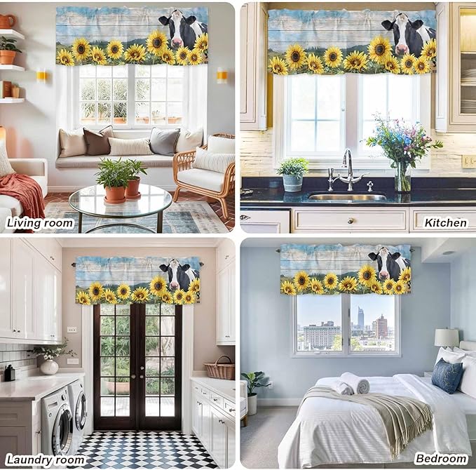 Cow Sunflowers Curtain Valances for Windows, Kitchen Valance Window Treatment, Farmhouse Animal Blue Sky Wooden Grain Light Filtering Block Curtains for Bathroom/Bedroom/Living Room 42'' x 12''