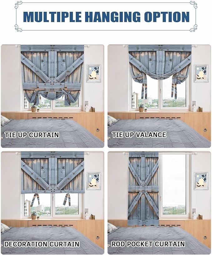 Tie Up Curtains for Windows, Farmhouse Wood Grain Adjustable Balloon Nature Linen Textured Kitchen Curtain, Vintage Country Barn Gate Textured Tie Up Light Filtering Curtains for Decor, 34 x 45 In