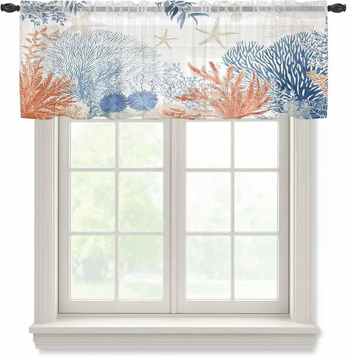 Ocean Corals Sheer Valance Curtains, Summer Beach Coral Sea Stars Light Filtering Kitchen Valances Rod Pocket Voile Curtain Window Treatment for Bedroom/Living Room/Basement 60Wx18L