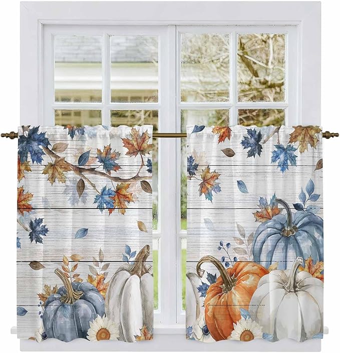 Thanksgiving Pumpkin Kitchen Tier Curtains 45 Inch Long 2 Panel Set,Rod Pocket Short Window Treatment,Fall Maple Leaf Daisy Wooden Grain Curtains & Drapes for Bathroom Basement 27.5"W x 45"L