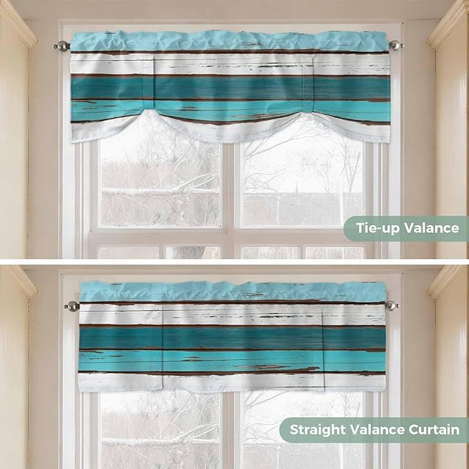 Turquoise Teal Tie Up Valance Curtains for Windows, Kitchen Curtains Window Shades, Farmhouse Retro Ombre Wooden Grain Light Filtering Roman Curtain Valances for Bedroom/Bathroom/Cafe 60"x18"