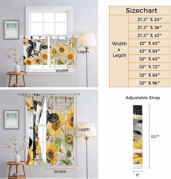 Yellow Sunflowers Living Room Curtains 96 Inch Length, Window Curtains Tab Top, Farmhouse Cow Barn Doors Floral Butterfly Light Filtering Window Treatments Drapes 52"x96" 2 Panel