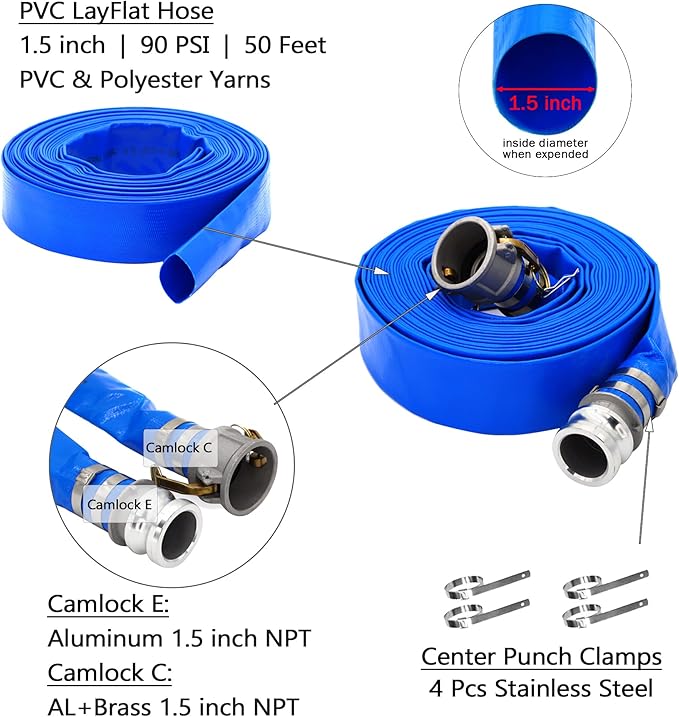 DAVCO 1-1/2" ID × 50 ft PVC Lay Flat Discharge Hose, Heavy Duty Reinforced Blue Pool Backwash Hoses For Swimming Drain Pools, with Aluminum Camlock C and E Fittings, Cam Lock Fitting Type F included