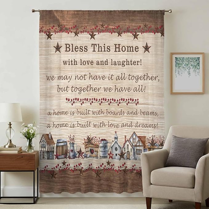 Farmhouse Sheer Curtains 45 Inch Length Brown Country Star Berry Vintage Wood Grain Chiffon Curtain for Bedroom Living Room Light Filtering Window Treatments Voile Curtains Drapes for Kitchen