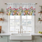 Easter Kitchen Tier Curtains 24 Inch Long 2 Panel Set,Rod Pocket Cafe Small Window Curtains Over Sink,Retro Spring Bunny Eggs Tulip Farm Wooden Grain Light Filtering Short Drapes 27.5"W x 24"L