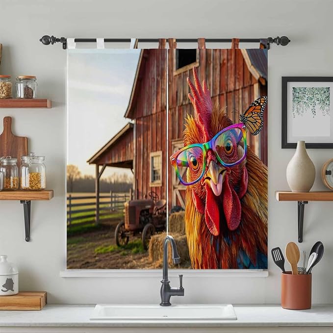Farm Rooster Bathroom Curtains 63 Inch Length, Window Curtains Tab Top, Farmhouse Barn Funny Animals Butterfly Light Filtering Window Treatments Drapes 52"x63" 2 Panel