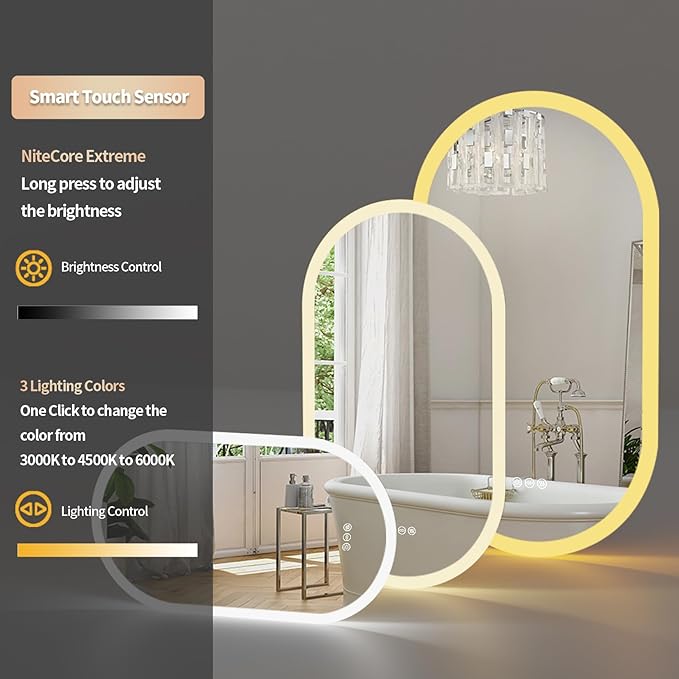 LUVODI Lighted LED Bathroom Mirror: 48x24IN Wall Mounted Dimmable 3 Colors Makeup Mirror with Bright Back Lit - Smart Mirror Anti Fog with Touch Switch Memory Function for Restroom Bedroom Living Room