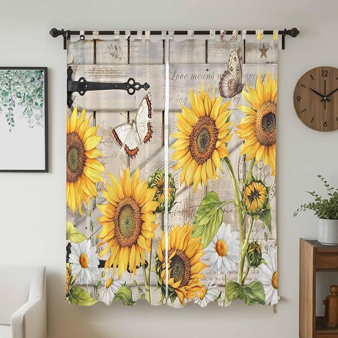 Farm Flowers Living Room Curtains 96 Inch Length, Window Curtains Tab Top, Retro Sunflowers Barn Doors Butterfly Wood Board Light Filtering Window Treatments Drapes 52"x96" 2 Panel