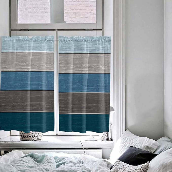 Retro Farm Blue Gray Wood Grain Window Valance Curtains, Rustic Wooden Plank Light Filtering Kitchen Valance with 3-inch Rod Pocket for Living Room Bathroom Bedroom,2 Panel,52x45In