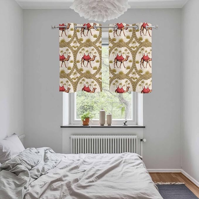 2 Panel Kitchen Cafe Curtains, Camels Palm Trees Sunlight Filtering Nature Air Through, Window Decor Tier Curtains for Living Room 55W x 39L inch Desert Date Coconut Trees Leaves Cords Beige