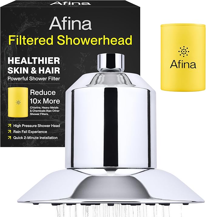 Afina Filtered Shower Head - Water Softener Showerhead with KDF-55 Shower Filter for Hard Water - High Pressure Rain Fall Experience - Universal Fit (Chrome)