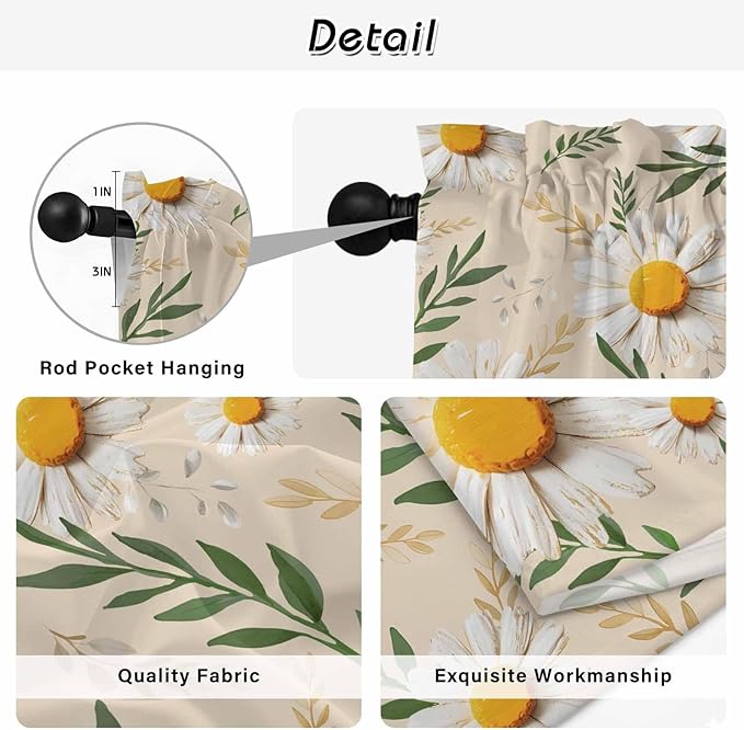 Spring Daisy Kitchen Curtains, Country Watercolor Flower Leaf Plant Light Filtering Window Curtain Panels, 2Pcs Rod Pocket Window Treatments Set for Study Room Bathroom Bedroom 52x54 Inches