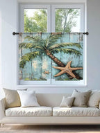 Sheer Curtains 54 Inch Length, Coastal Blue Green Tree Semi Sheer Curtains Light Filtering Window Treatment, Beach Tropical Vintage Wood Grain Privacy Voile Drapes for Living Room Bedroom 52x54 Inch