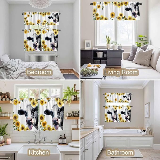Kitchen Curtains Tiers and Valance Set of 3, Cow Sunflowers Light Filtering Window Curtain Set, Spring Botanical Floral Flowers Animals Rod Pocket Curtain Drapes for Cafe, Living Room, 24 Inches Tiers