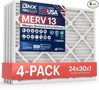 BNX TruFilter 24x30x1 Air Filter MERV 13 (4-Pack) - MADE IN USA - Electrostatic Pleated Air Conditioner HVAC AC Furnace Filters for Allergies, Pollen, Mold, Bacteria, Smoke, Allergen, MPR 1900 FPR 10