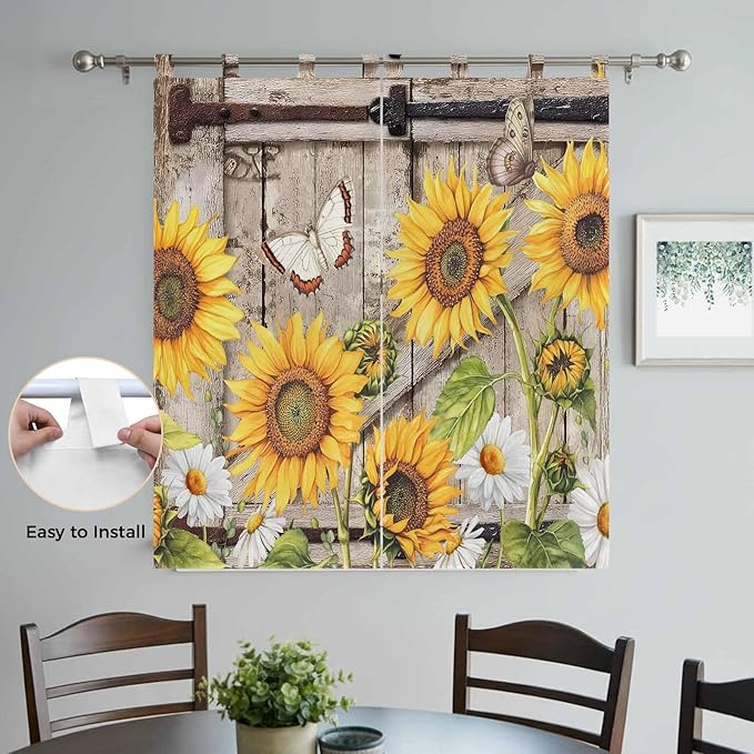 Farmhouse Sunflowers Bedroom Curtains 72 Inch Length, Window Curtains Tab Top, Rustic Barn Doors Flowers Butterfly Wooden Light Filtering Window Treatments Drapes 52"x72" 2 Panel