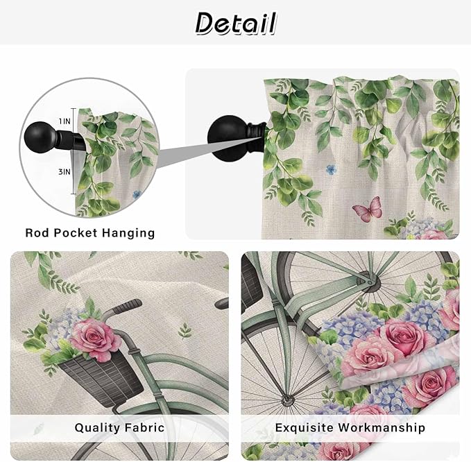 Farmhouse Spring Kitchen Curtains, Retro Bicycles Flowers Vines Butterfly Light Filtering Window Curtain Panels, 2Pcs Rod Pocket Window Treatments Set for Living Room Bathroom Bedroom 52x72 Inches