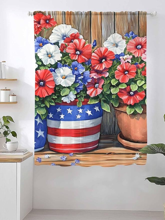Sheer Curtains 72 Inches Long, Red Blue Flower Semi Sheer Curtains Light Filtering Window Treatment, Retro Independence Day Flag Wood Grain Privacy Voile Drapes for Living Room Bedroom 52x72 Inch