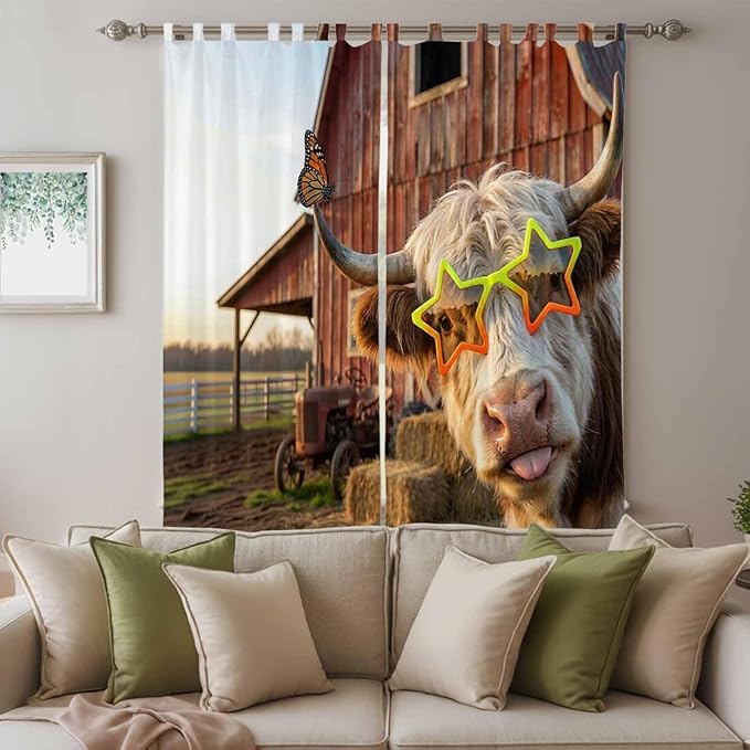 Farm Yaks Living Room Curtains 96 Inch Length, Window Curtains Tab Top, Farmhouse Barn Funny Animals Butterfly Light Filtering Window Treatments Drapes 52"x96" 2 Panel