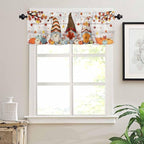 Fall Gnomes Kitchen Curtain Set, Thanksgiving Maple Leaf Grey Wood Grain Window Valance and Tiers 36" Length, Light Filtering Short Curtains Valance for Cafe Bathroom Bedroom 54"x18"