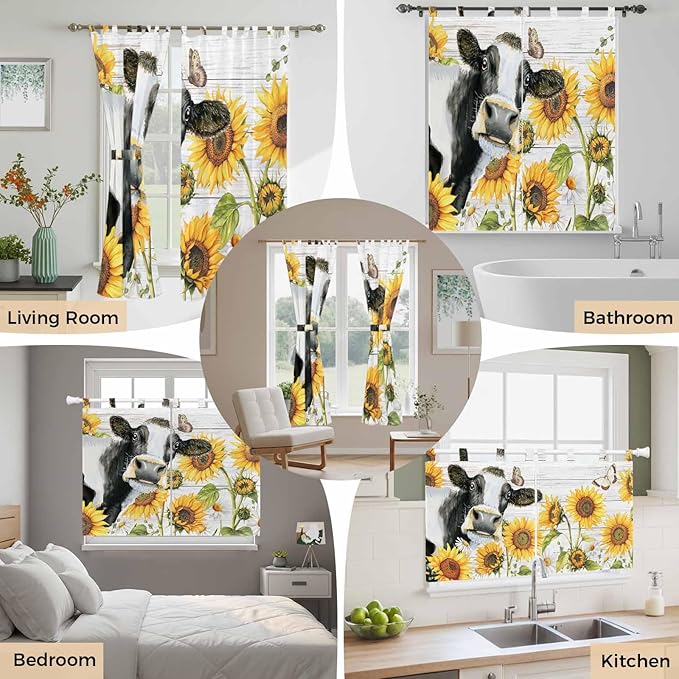 Retro Farmhouse Floral Living Room Curtains 96 Inch Length, Window Curtains Tab Top, Yellow Sunflowers Cows Butterfly Wood Light Filtering Window Treatments Drapes 52"x96" 2 Panel